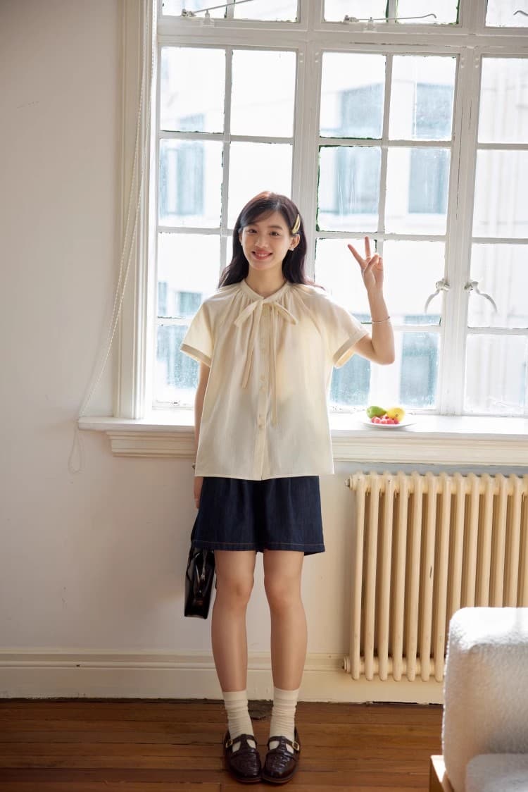 황색 여성 셔츠 여름 새로운 프랑스식 라운드 넥 나비 매듭 삽입 어깨 소매 셔츠 맨위 상세 이미지 15