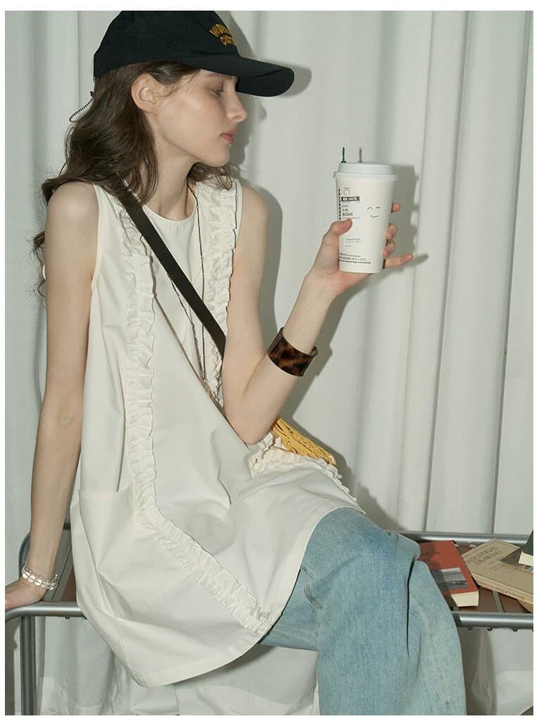 목이버섯 레이스 장식 한 마디 조끼 스커트 여성 여름 새로운 프랑스식 레트로 캐주얼 루즈핏 드레스 상세 이미지 2