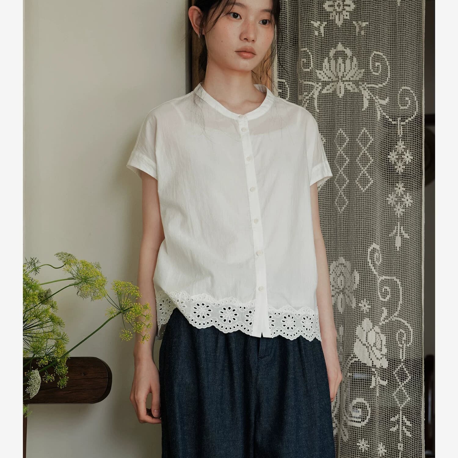 높은 지점 주간 실크 코튼 일본식 반팔 레이스 레이스 셔츠 맨위 여름 여성 이미지 2