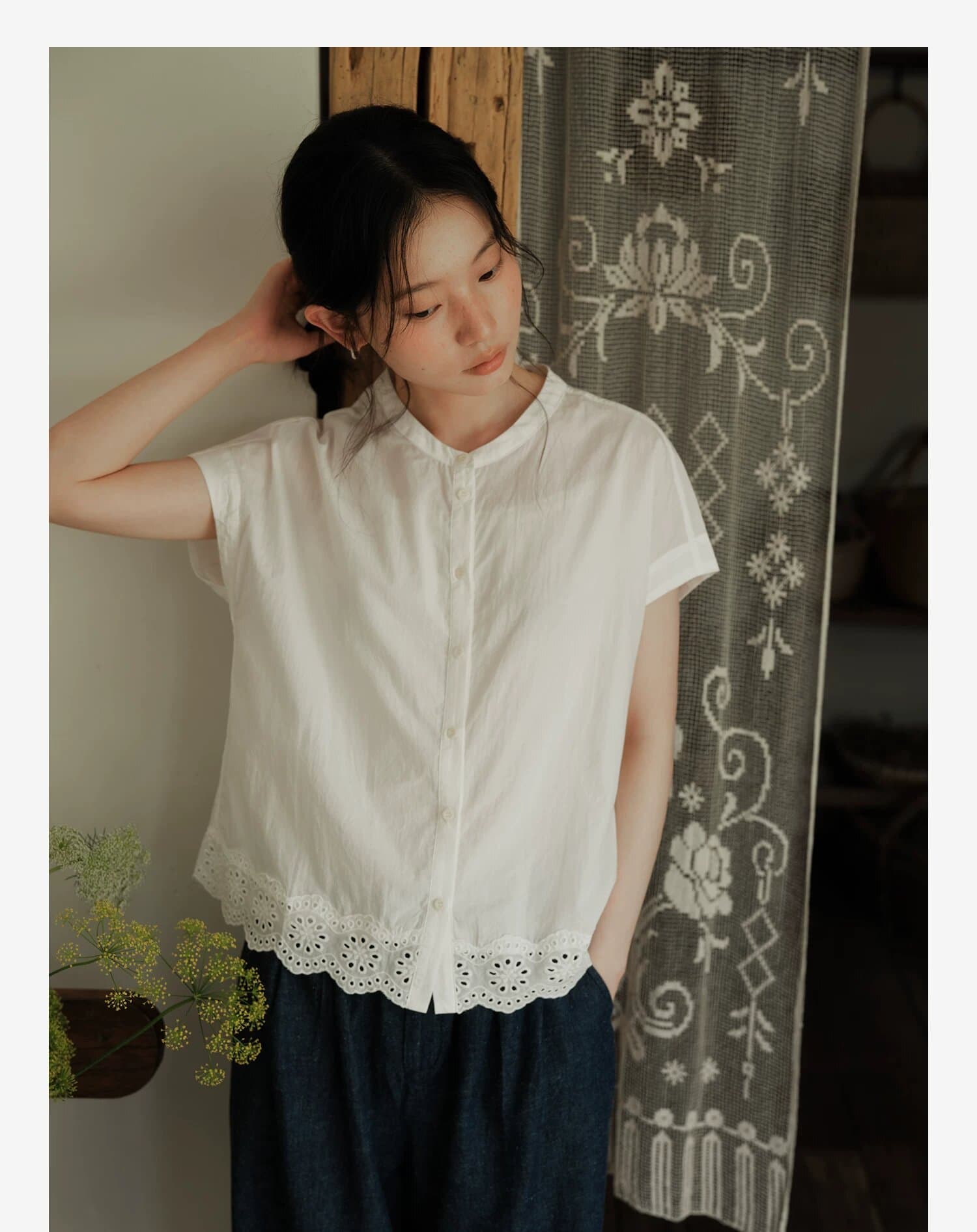 높은 지점 주간 실크 코튼 일본식 반팔 레이스 레이스 셔츠 맨위 여름 여성 상세 이미지 2