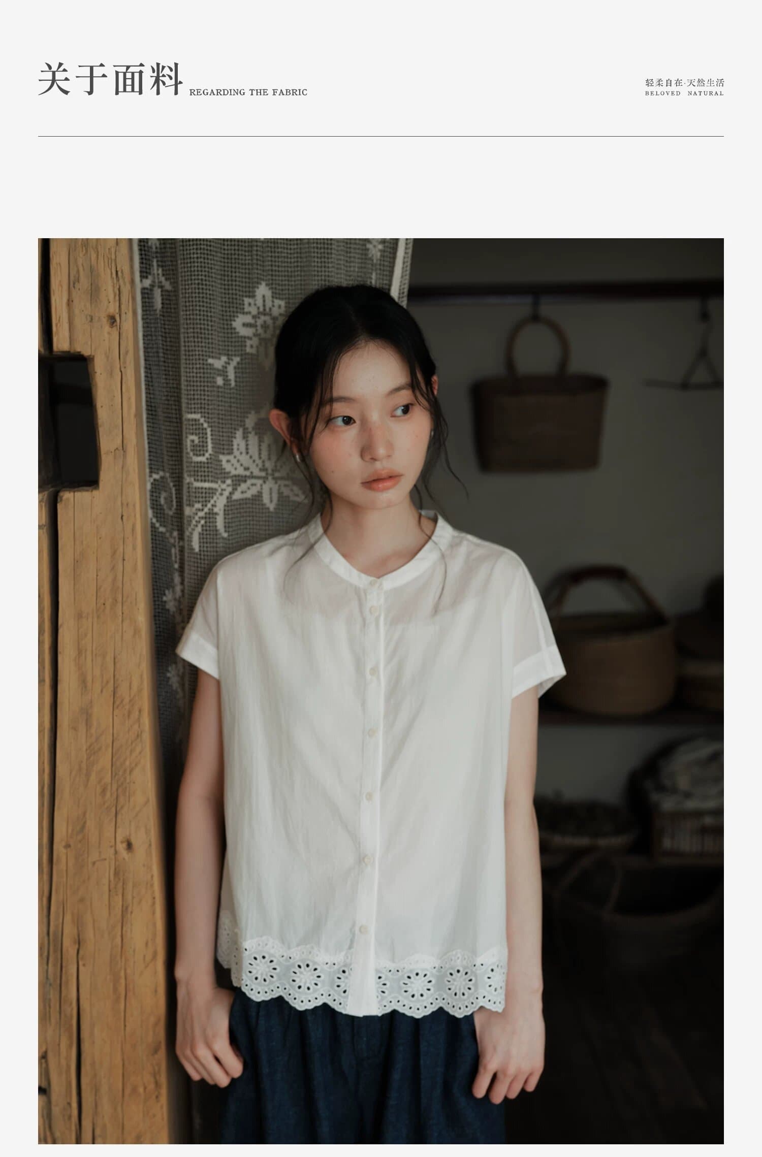 높은 지점 주간 실크 코튼 일본식 반팔 레이스 레이스 셔츠 맨위 여름 여성 상세 이미지 4
