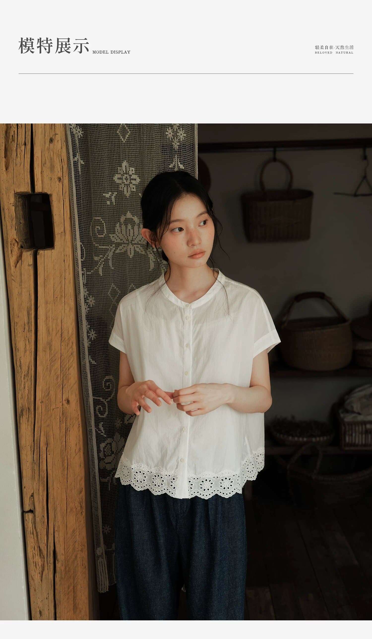 높은 지점 주간 실크 코튼 일본식 반팔 레이스 레이스 셔츠 맨위 여름 여성 상세 이미지 6