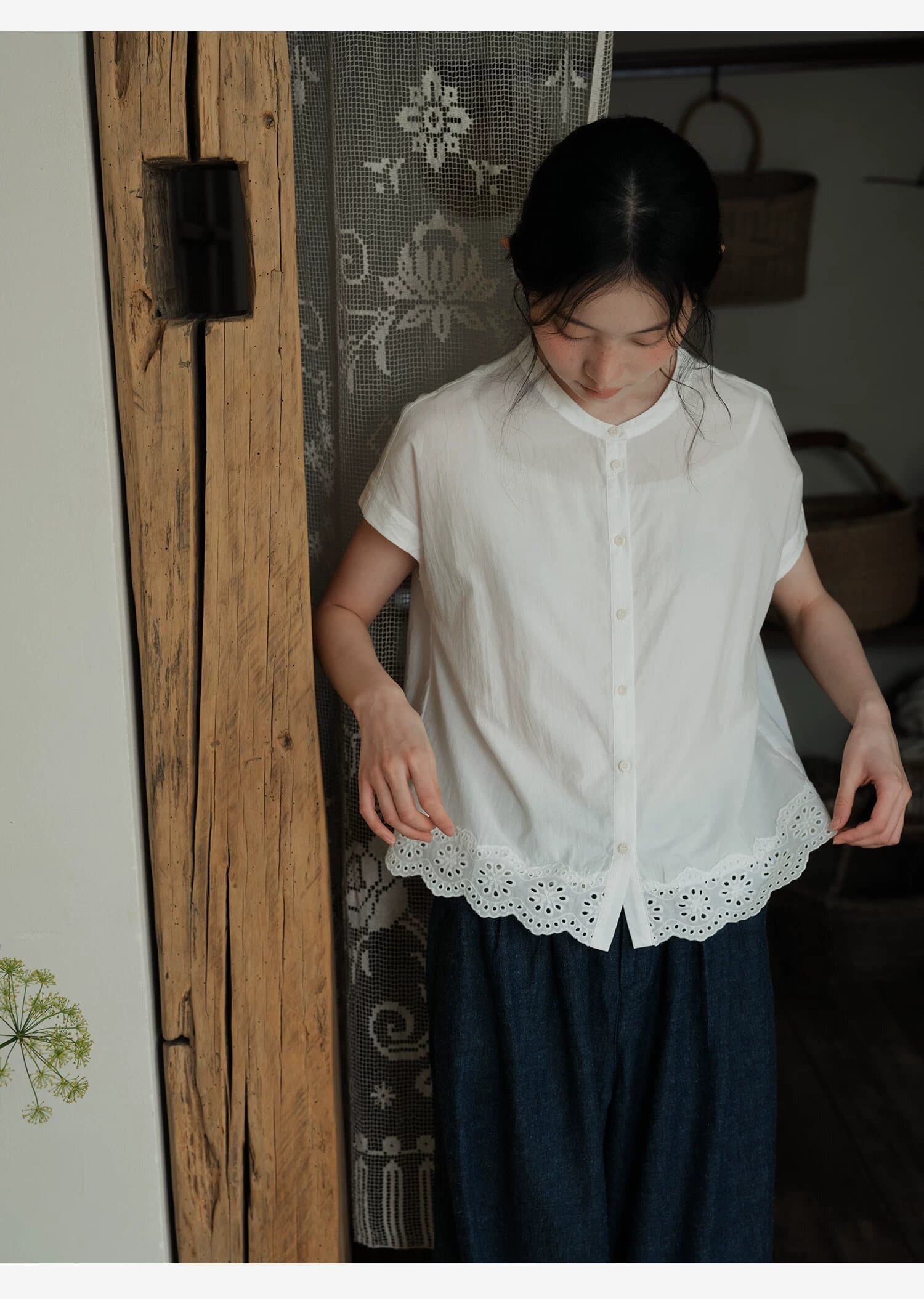높은 지점 주간 실크 코튼 일본식 반팔 레이스 레이스 셔츠 맨위 여름 여성 상세 이미지 9