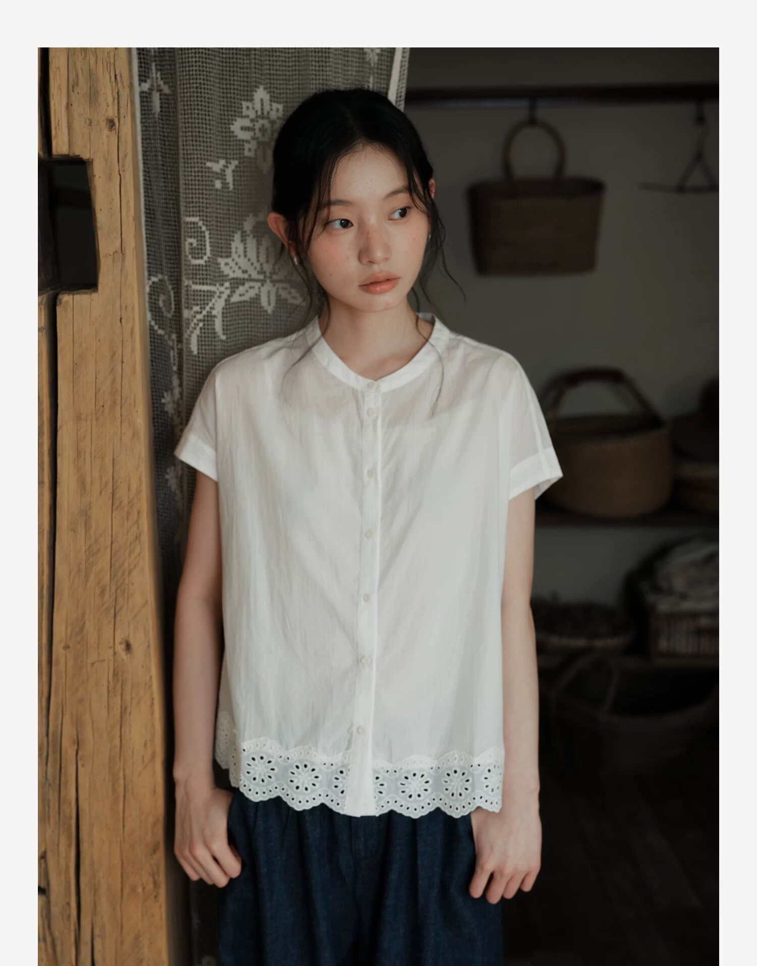 높은 지점 주간 실크 코튼 일본식 반팔 레이스 레이스 셔츠 맨위 여름 여성 상세 이미지 21