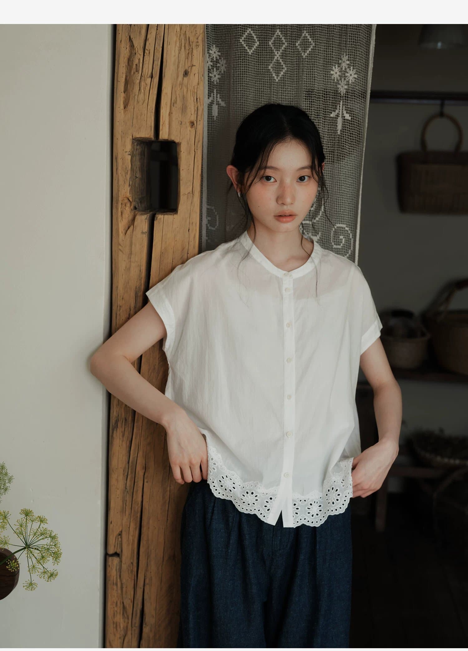 높은 지점 주간 실크 코튼 일본식 반팔 레이스 레이스 셔츠 맨위 여름 여성 상세 이미지 26