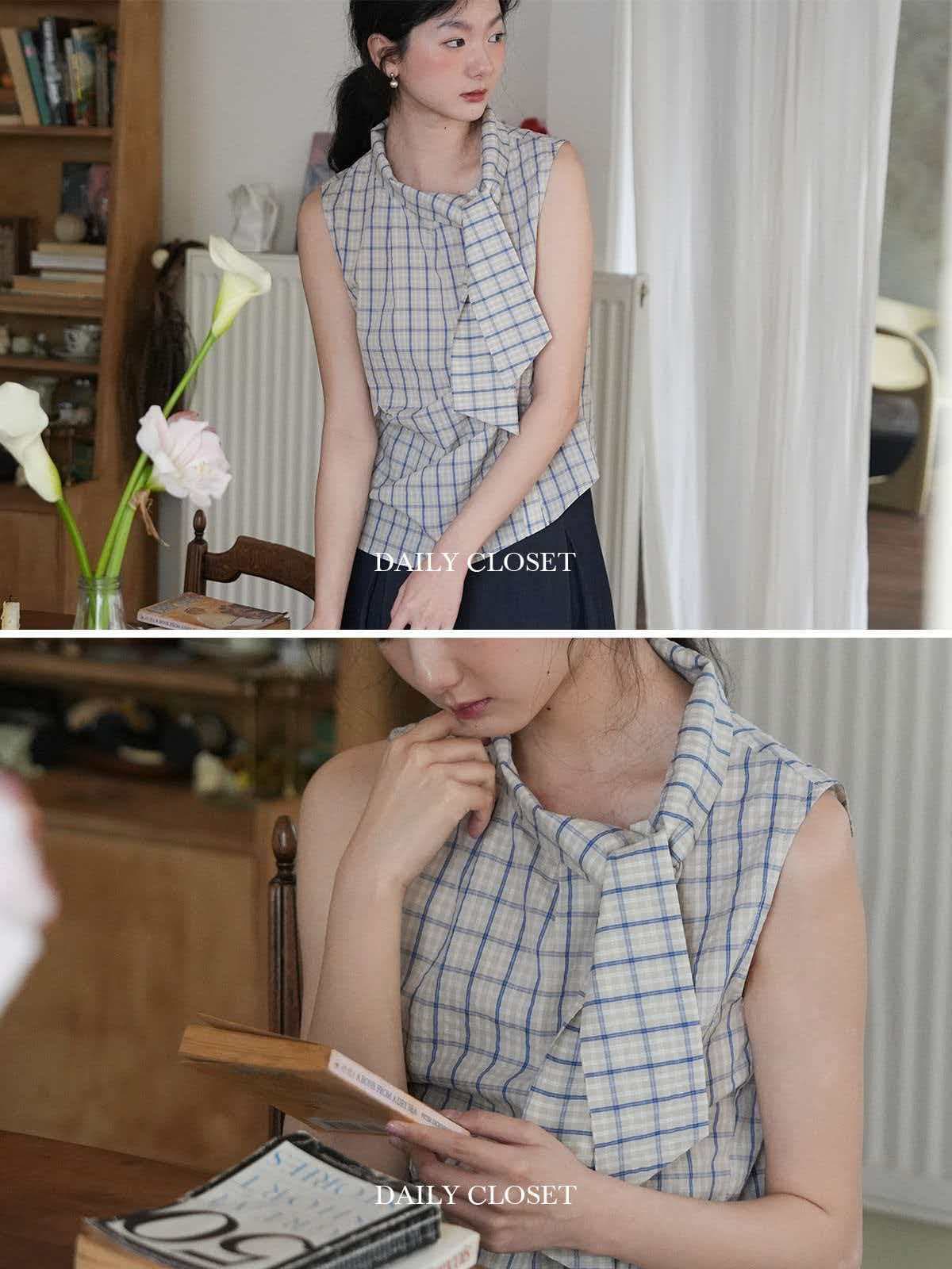 黛 리 수 있습니다. 이슬 바다 소금 편지 비스듬한 문 襟 플리츠 체크무늬 레이스 업 셔츠 얇고 가벼운 상쾌 슬림해 보이는 작은 셔츠 이미지 4