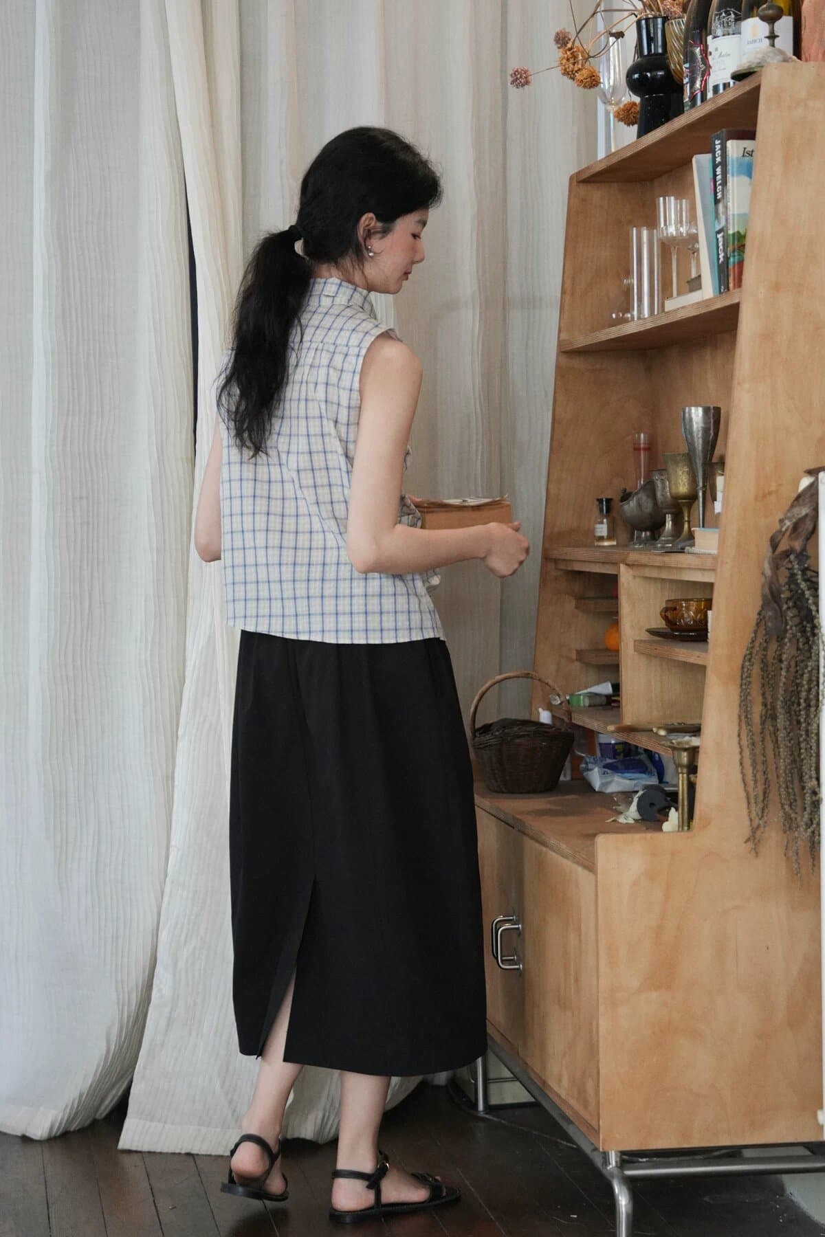 黛 리 수 있습니다. 이슬 바다 소금 편지 비스듬한 문 襟 플리츠 체크무늬 레이스 업 셔츠 얇고 가벼운 상쾌 슬림해 보이는 작은 셔츠 상세 이미지 8