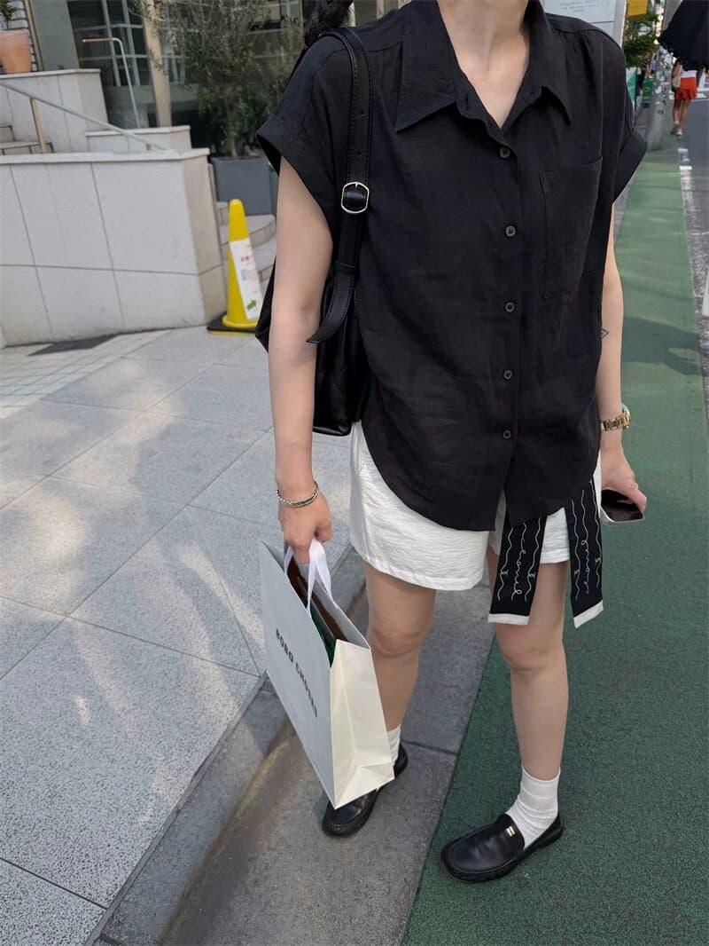 여름 섬 여가 바람 100 아마 상쾌 센스 반팔 여성 셔츠 디자인 센스 작은 대중 핀치 Pleat 셔츠 이미지 2