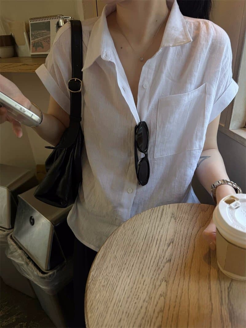 여름 섬 여가 바람 100 아마 상쾌 센스 반팔 여성 셔츠 디자인 센스 작은 대중 핀치 Pleat 셔츠 상세 이미지 11