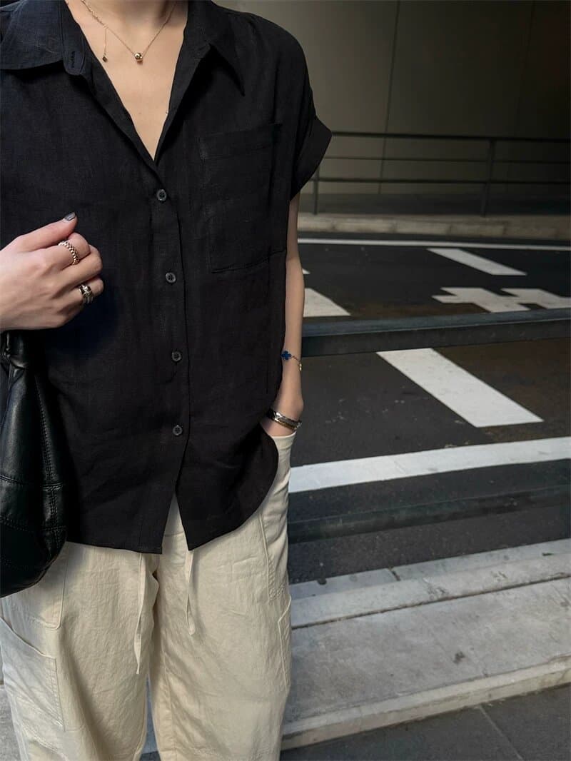 여름 섬 여가 바람 100 아마 상쾌 센스 반팔 여성 셔츠 디자인 센스 작은 대중 핀치 Pleat 셔츠 상세 이미지 20