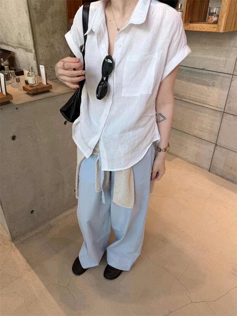 여름 섬 여가 바람 100 아마 상쾌 센스 반팔 여성 셔츠 디자인 센스 작은 대중 핀치 Pleat 셔츠 상세 이미지 22