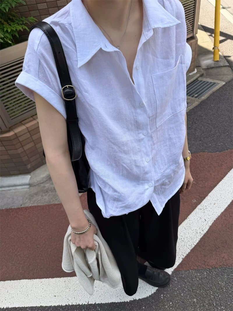 여름 섬 여가 바람 100 아마 상쾌 센스 반팔 여성 셔츠 디자인 센스 작은 대중 핀치 Pleat 셔츠 상세 이미지 23