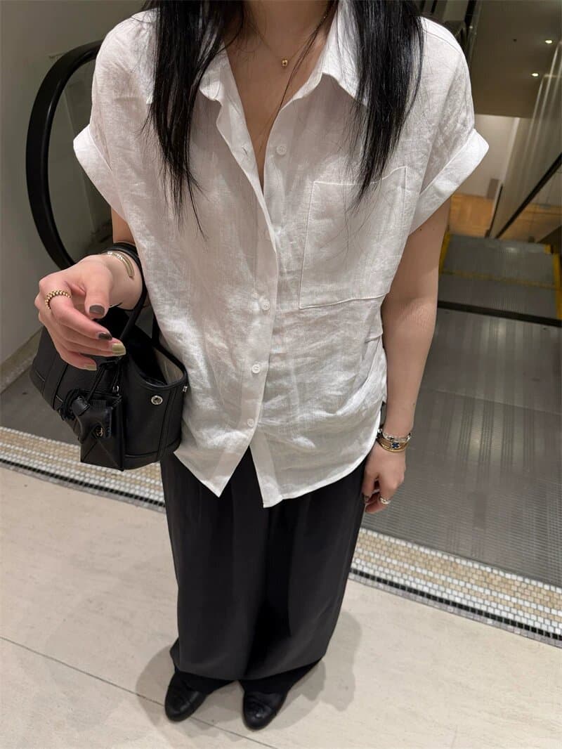 여름 섬 여가 바람 100 아마 상쾌 센스 반팔 여성 셔츠 디자인 센스 작은 대중 핀치 Pleat 셔츠 상세 이미지 28
