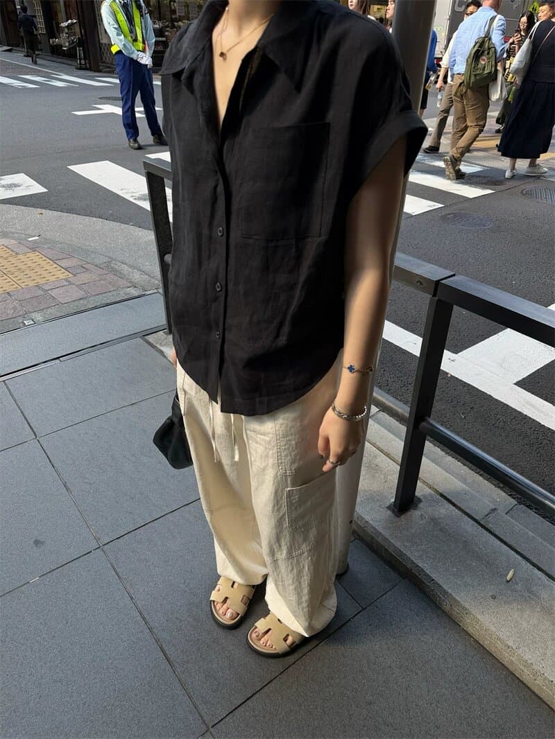 여름 섬 여가 바람 100 아마 상쾌 센스 반팔 여성 셔츠 디자인 센스 작은 대중 핀치 Pleat 셔츠 상세 이미지 31