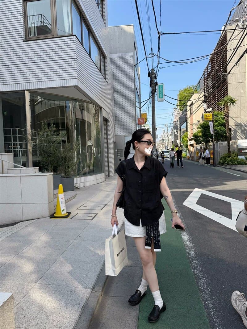 여름 섬 여가 바람 100 아마 상쾌 센스 반팔 여성 셔츠 디자인 센스 작은 대중 핀치 Pleat 셔츠 상세 이미지 35