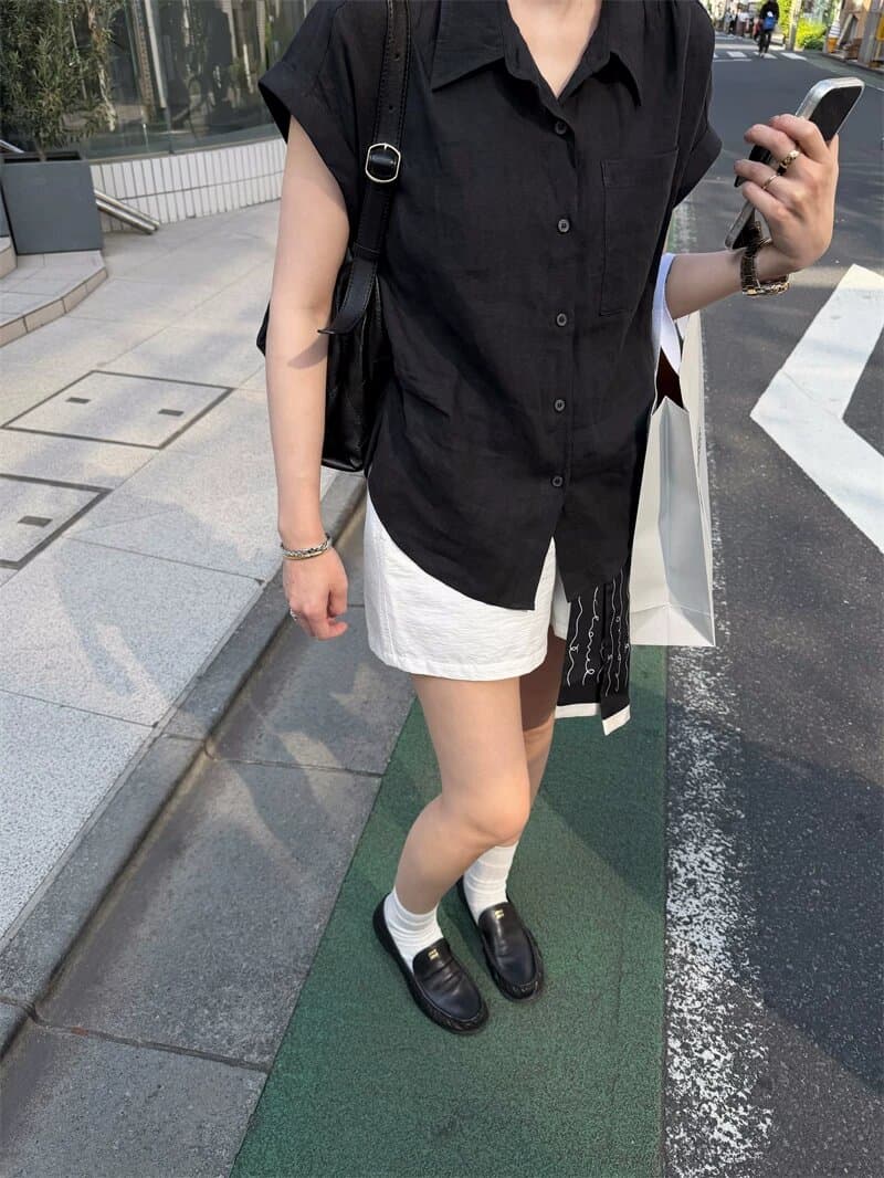 여름 섬 여가 바람 100 아마 상쾌 센스 반팔 여성 셔츠 디자인 센스 작은 대중 핀치 Pleat 셔츠 상세 이미지 42