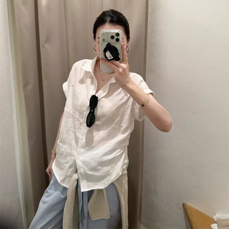 여름 섬 여가 바람 100 아마 상쾌 센스 반팔 여성 셔츠 디자인 센스 작은 대중 핀치 Pleat 셔츠