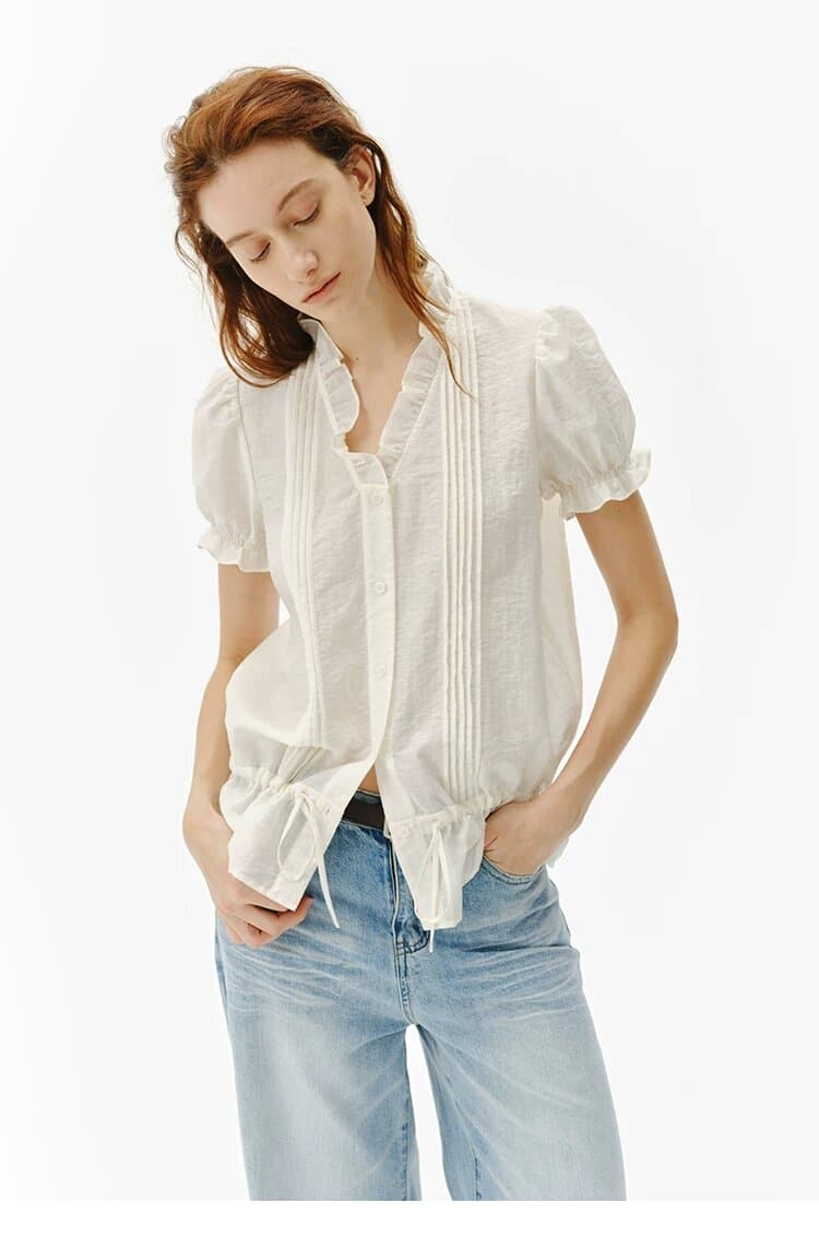 프랑스식 프릴 V넥 거품 소매 여성 셔츠 마이크로 ~을 통해 탑 그램 Pleat 펌프 로프 출퇴근 셔츠 이미지 2