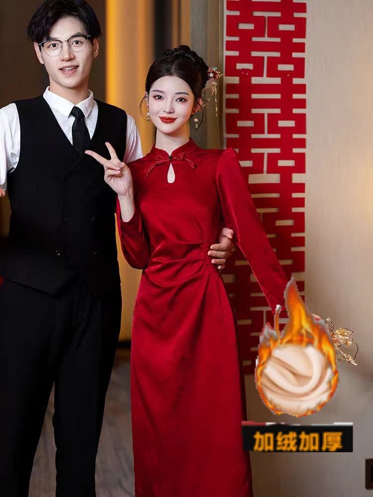 새로운 중식 빨간색 결혼 치파오 토스트 서비스 신부 롱 코트 참여 가을 겨울 뒷문 캐비닛에서 잔치 예복 치마 긴팔 상세 이미지 2