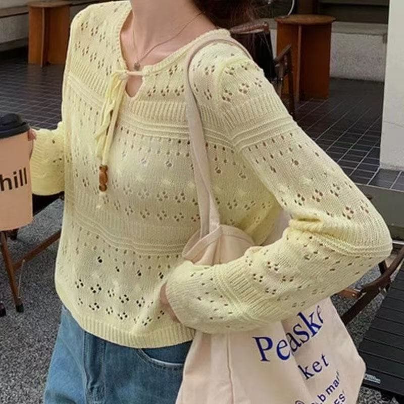 황색 레이스업 홀로우 아웃 긴팔 새로운 니트 스웨터 여성 여름 얇은 스타일 루즈핏 슬림해 보이는 에어컨 자외선 차단 블라우스 맨위 상세 이미지 4