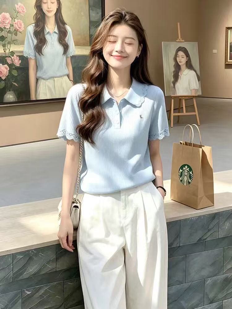 한 부서 레이스 조각 반팔 POLO 칼라 니트 스웨터 여성 2026 여름 새로운 부드러운 연령 감소 티셔츠 맨위