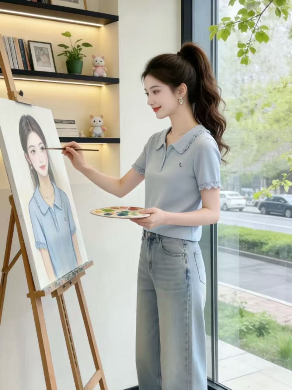 한 부서 레이스 조각 반팔 POLO 칼라 니트 스웨터 여성 2026 여름 새로운 부드러운 연령 감소 티셔츠 맨위 이미지 4