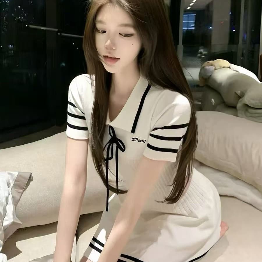 일상 캐주얼 배색 스트라이프 니트 polo 치마 여성 여름 품격 한 마디 드레스 스트랩 나비 매듭 짧은 치마 이미지 5