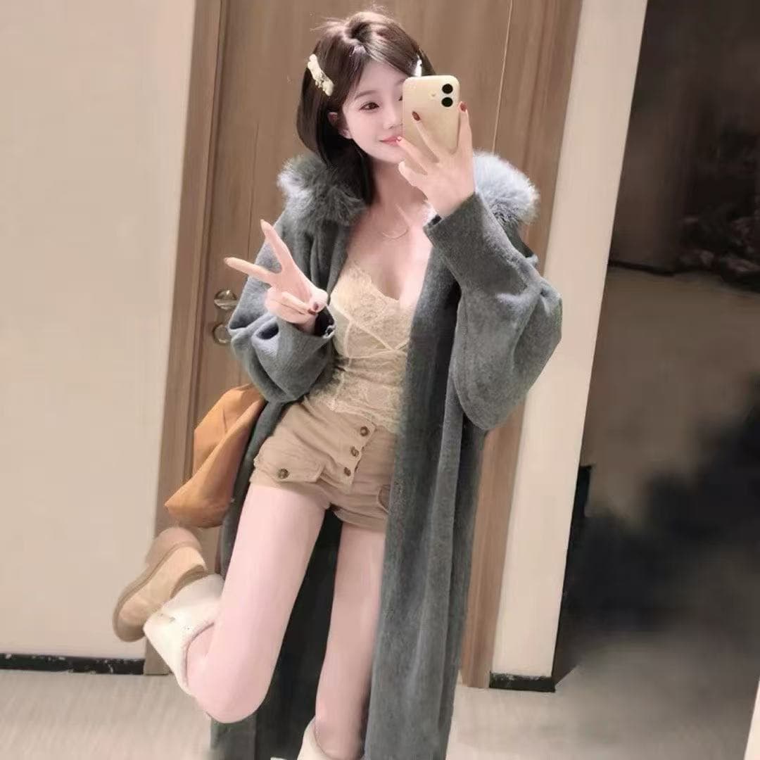 한 부서 느긋한 센스 모피 칼라 재킷 롱 코트 바람막이 가을 겨울철 새로운 루즈핏 니트 오픈 가디건 스웨터 두꺼운 코트 이미지 4