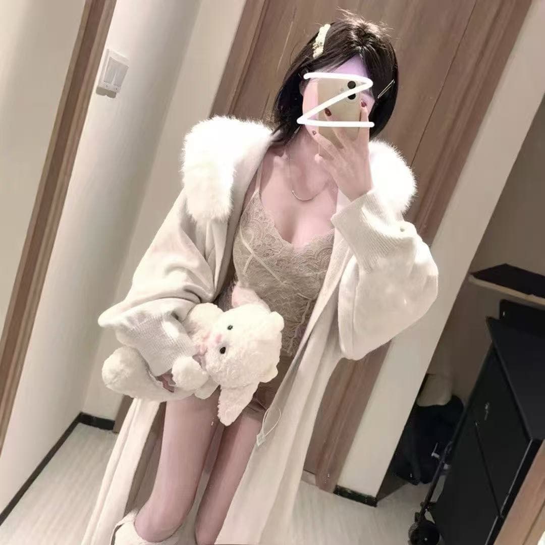 한 부서 느긋한 센스 모피 칼라 재킷 롱 코트 바람막이 가을 겨울철 새로운 루즈핏 니트 오픈 가디건 스웨터 두꺼운 코트 상세 이미지 2