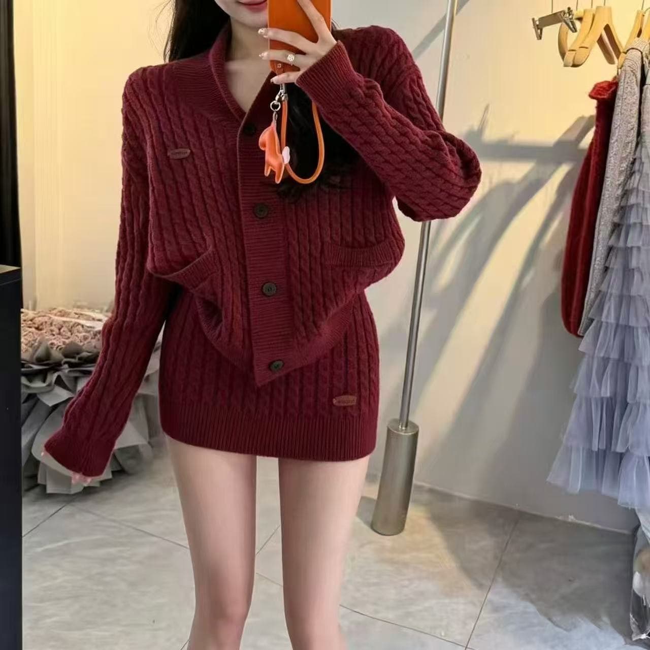 꽈배기 니트 세트 여성 봄 느긋한 바람 카디건 코트 타이트 스커트 미니 스커트 투피스 세트 이미지 3