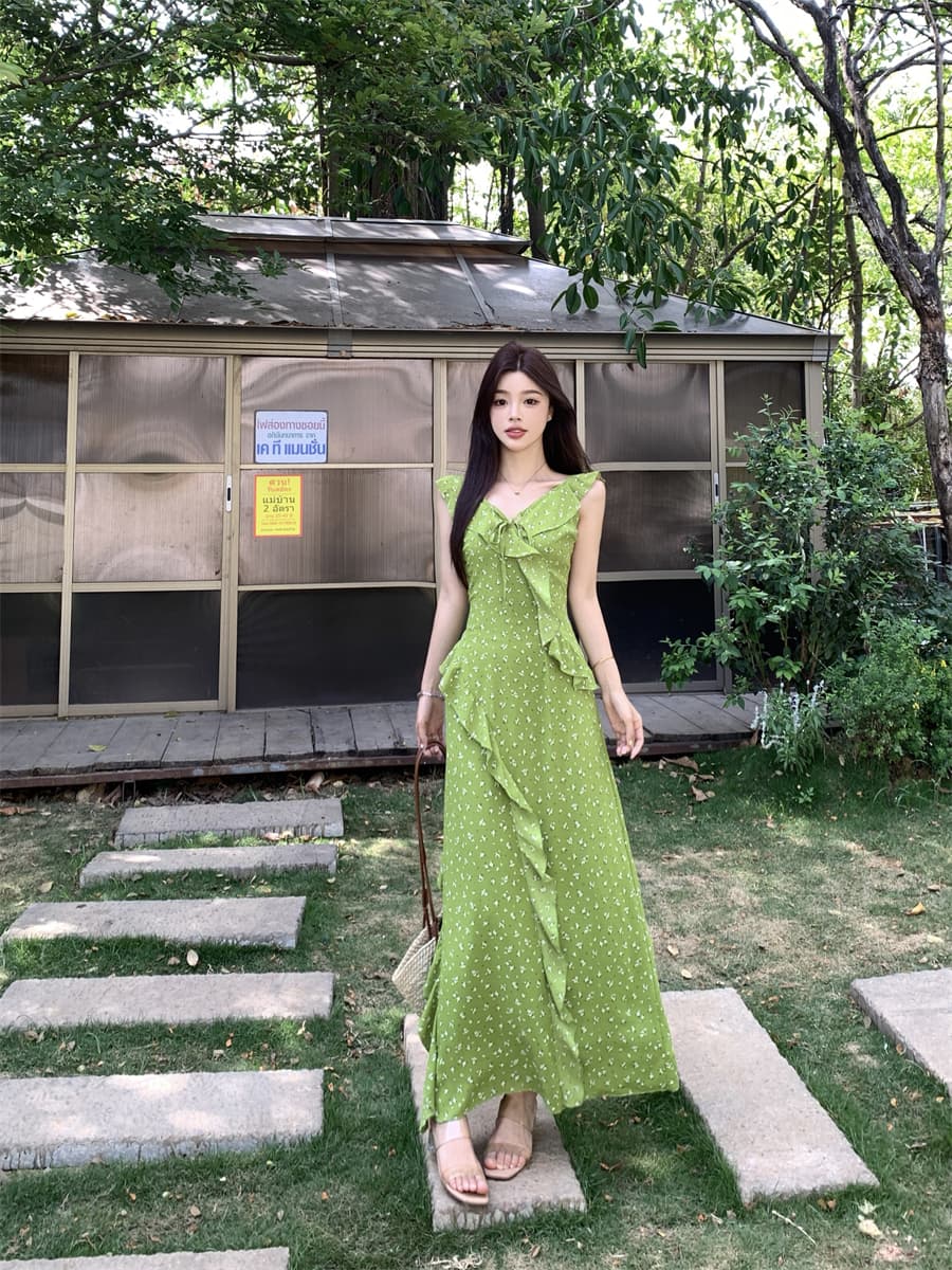 2026 새로운 폭발 여름 프릴 녹색 꽃무늬 슬립 드레스 아이들 해변가 휴가 바람 허리 수축 롱 스커트 상세 이미지 10