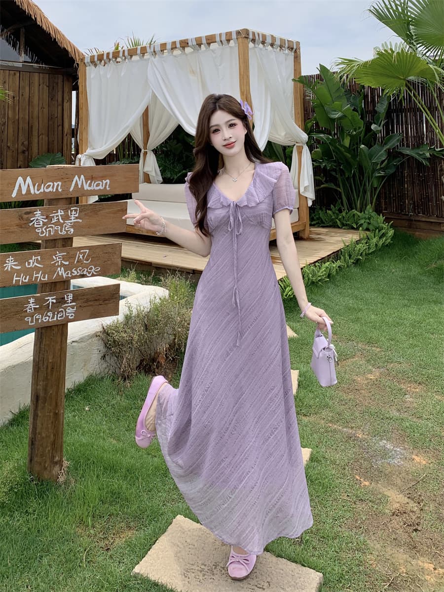 빅 사이즈 여름 새로운 부드러운 프릴 V넥 거품 소매 드레스 레이스업 허리 수축 질감 센스 롱 스커트 이미지 3