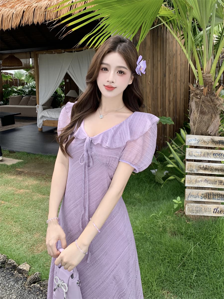 빅 사이즈 여름 새로운 부드러운 프릴 V넥 거품 소매 드레스 레이스업 허리 수축 질감 센스 롱 스커트 상세 이미지 9
