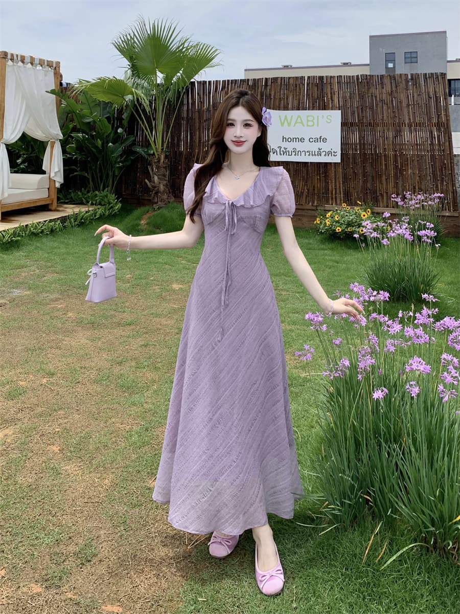 빅 사이즈 여름 새로운 부드러운 프릴 V넥 거품 소매 드레스 레이스업 허리 수축 질감 센스 롱 스커트 상세 이미지 4
