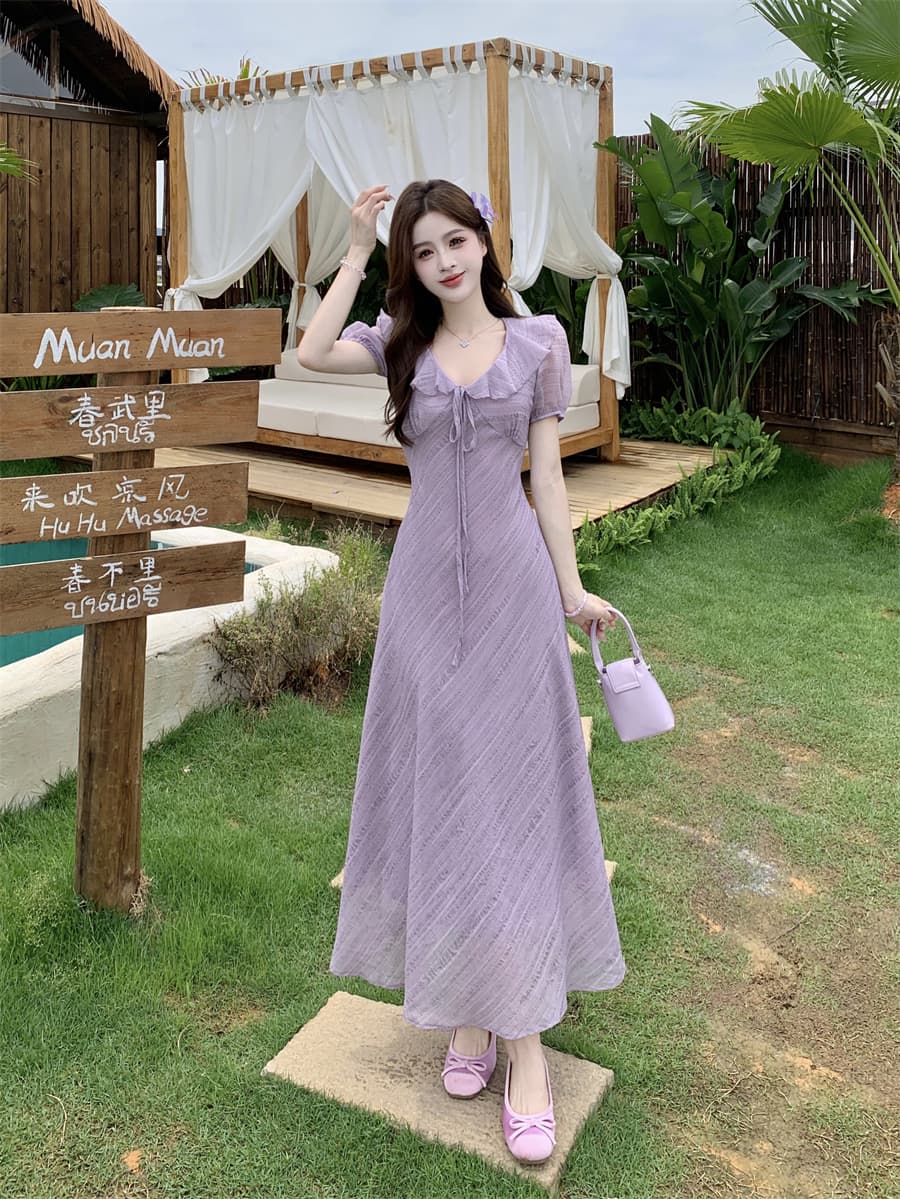 빅 사이즈 여름 새로운 부드러운 프릴 V넥 거품 소매 드레스 레이스업 허리 수축 질감 센스 롱 스커트 상세 이미지 10