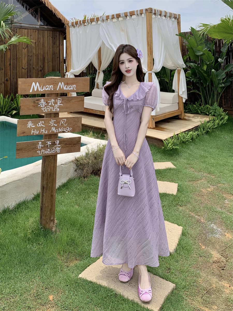 빅 사이즈 여름 새로운 부드러운 프릴 V넥 거품 소매 드레스 레이스업 허리 수축 질감 센스 롱 스커트 상세 이미지 8