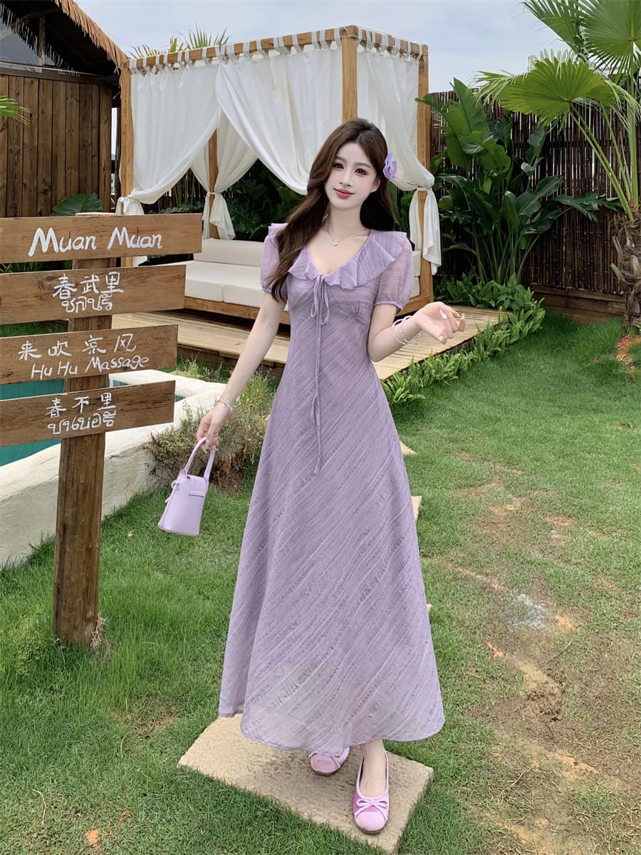 빅 사이즈 여름 새로운 부드러운 프릴 V넥 거품 소매 드레스 레이스업 허리 수축 질감 센스 롱 스커트 상세 이미지 12