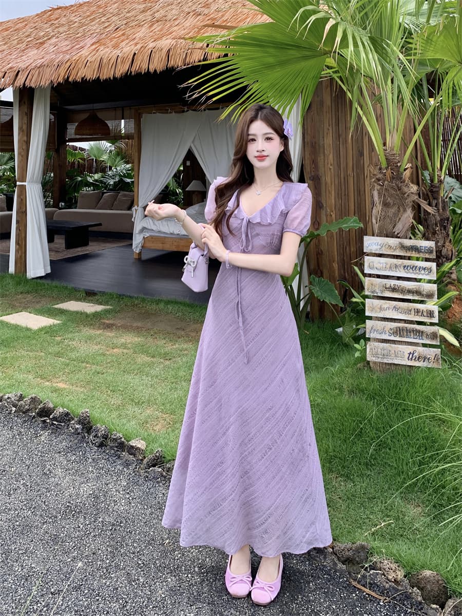 빅 사이즈 여름 새로운 부드러운 프릴 V넥 거품 소매 드레스 레이스업 허리 수축 질감 센스 롱 스커트 상세 이미지 14