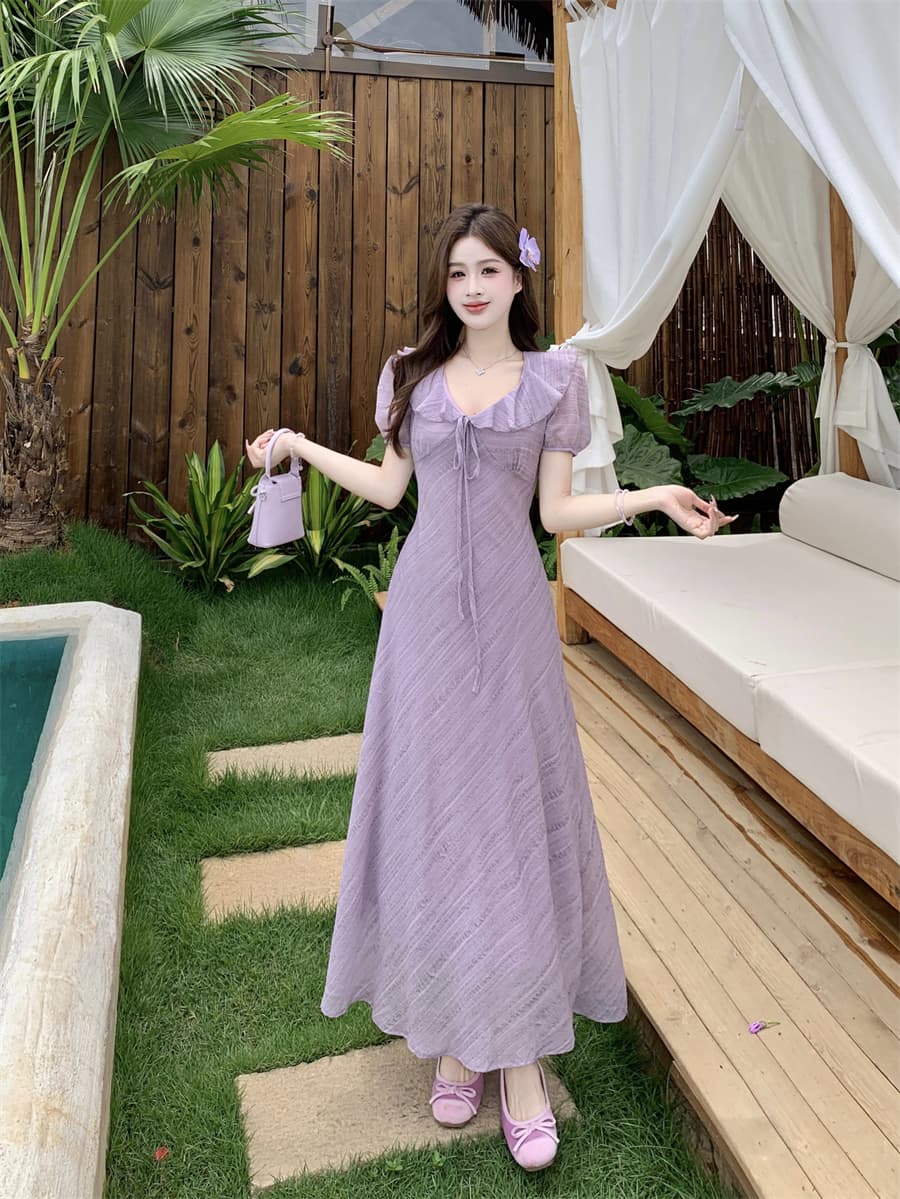 빅 사이즈 여름 새로운 부드러운 프릴 V넥 거품 소매 드레스 레이스업 허리 수축 질감 센스 롱 스커트 상세 이미지 13