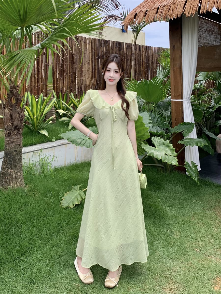 빅 사이즈 여름 새로운 부드러운 프릴 V넥 거품 소매 드레스 레이스업 허리 수축 질감 센스 롱 스커트 상세 이미지 17