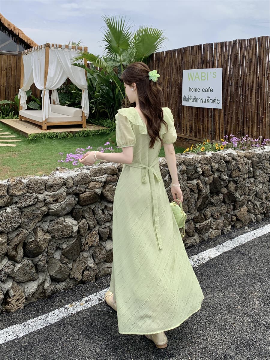 빅 사이즈 여름 새로운 부드러운 프릴 V넥 거품 소매 드레스 레이스업 허리 수축 질감 센스 롱 스커트 상세 이미지 24