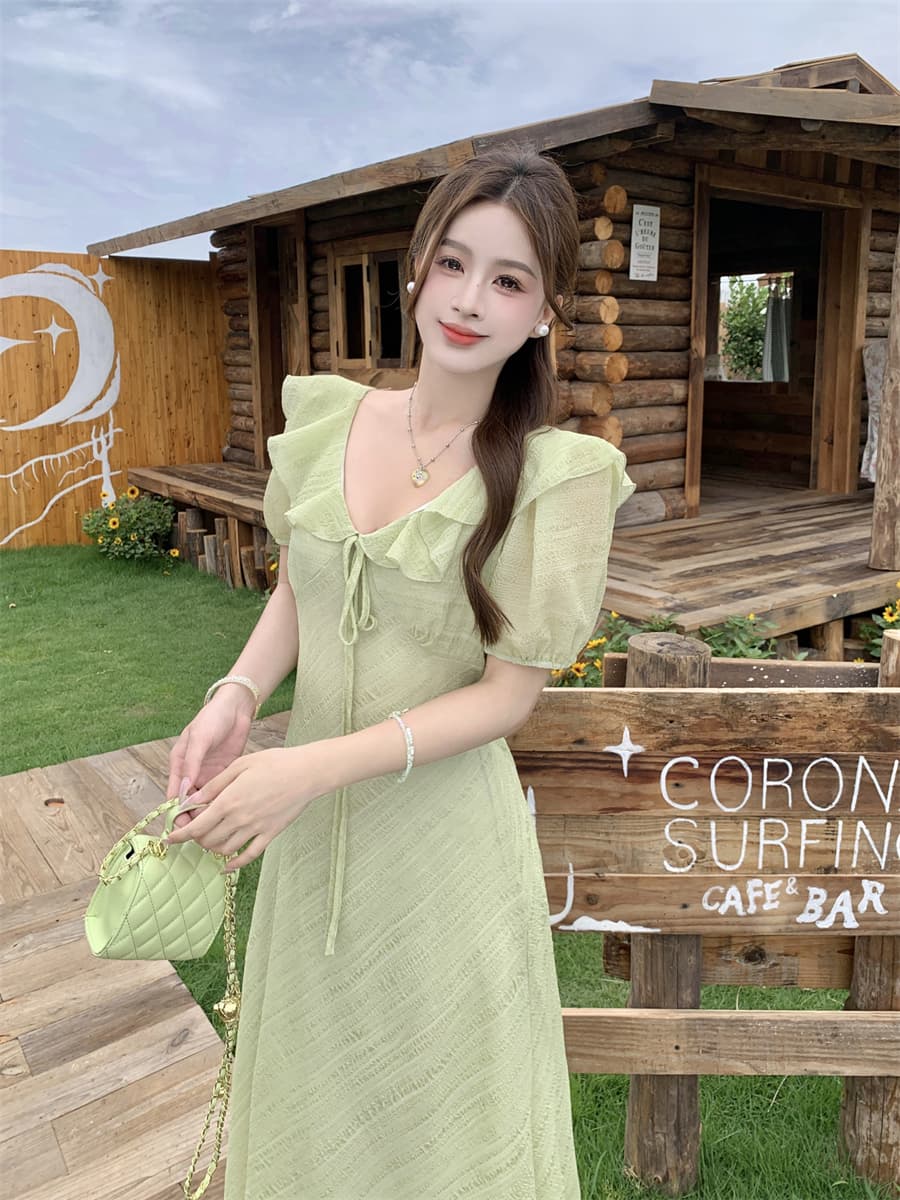 빅 사이즈 여름 새로운 부드러운 프릴 V넥 거품 소매 드레스 레이스업 허리 수축 질감 센스 롱 스커트 상세 이미지 23