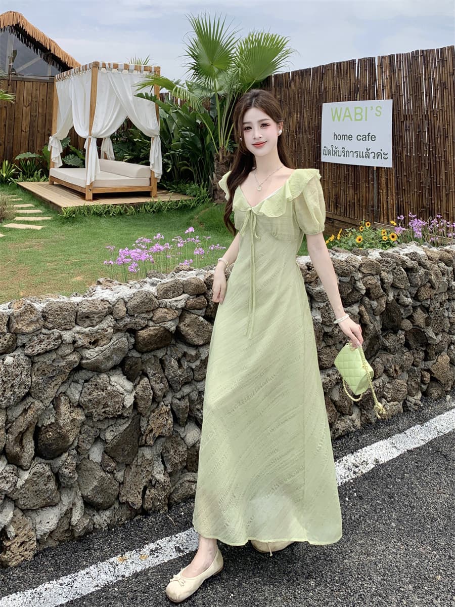 빅 사이즈 여름 새로운 부드러운 프릴 V넥 거품 소매 드레스 레이스업 허리 수축 질감 센스 롱 스커트 상세 이미지 26