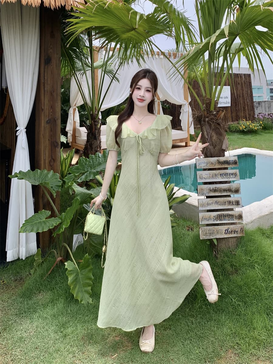 빅 사이즈 여름 새로운 부드러운 프릴 V넥 거품 소매 드레스 레이스업 허리 수축 질감 센스 롱 스커트 상세 이미지 21