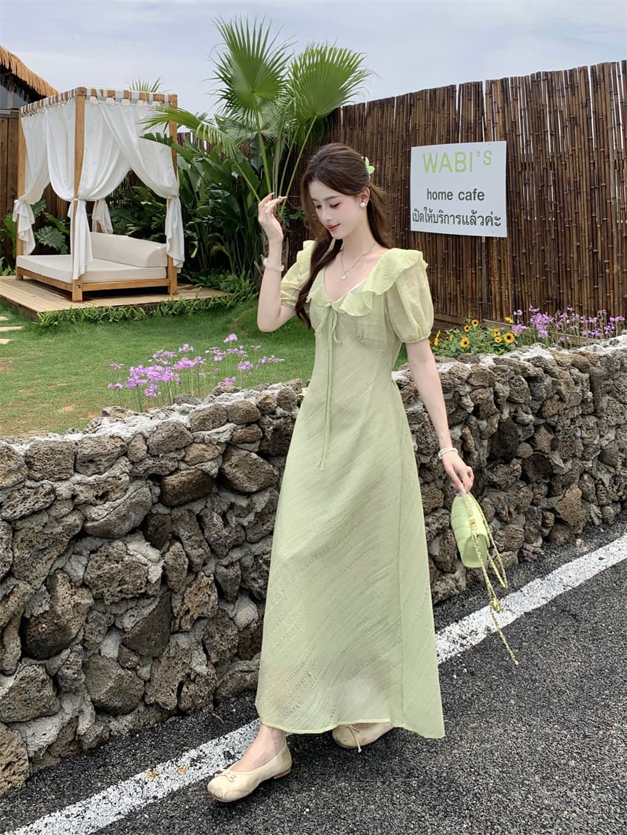 빅 사이즈 여름 새로운 부드러운 프릴 V넥 거품 소매 드레스 레이스업 허리 수축 질감 센스 롱 스커트 상세 이미지 28