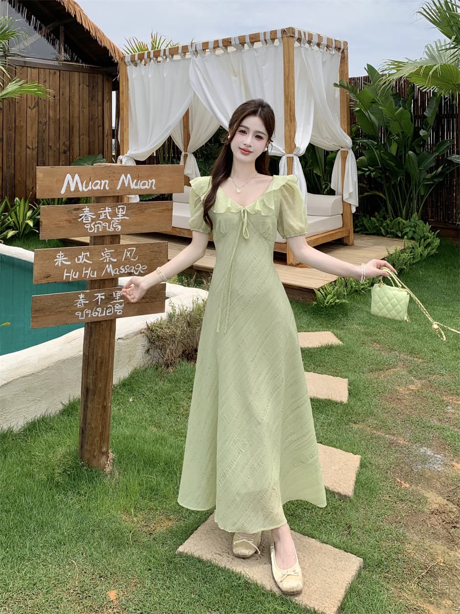 빅 사이즈 여름 새로운 부드러운 프릴 V넥 거품 소매 드레스 레이스업 허리 수축 질감 센스 롱 스커트 상세 이미지 22