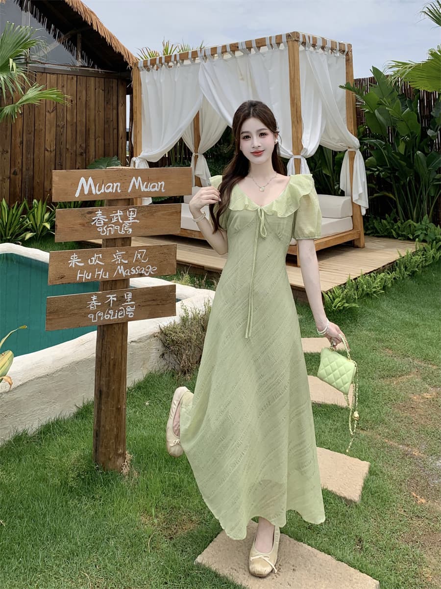 빅 사이즈 여름 새로운 부드러운 프릴 V넥 거품 소매 드레스 레이스업 허리 수축 질감 센스 롱 스커트 상세 이미지 19