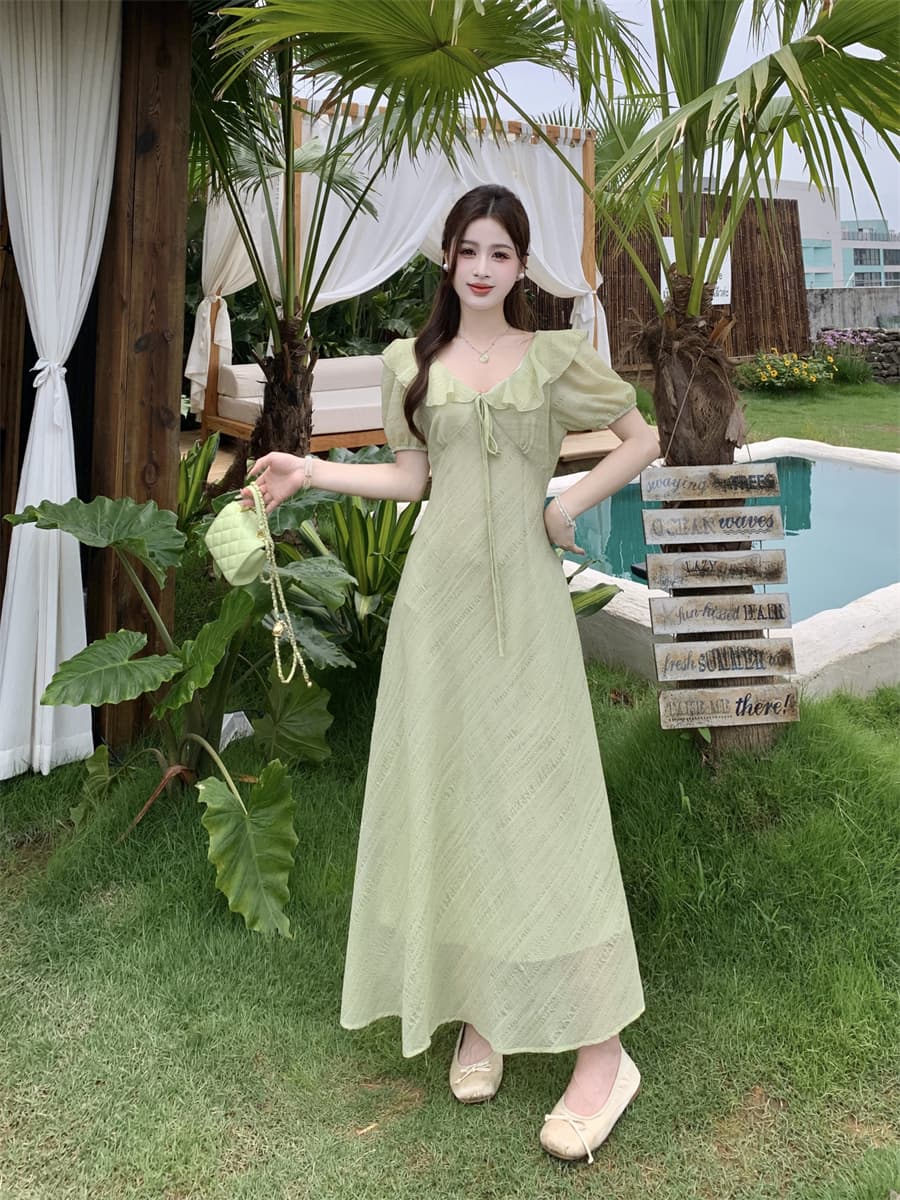 빅 사이즈 여름 새로운 부드러운 프릴 V넥 거품 소매 드레스 레이스업 허리 수축 질감 센스 롱 스커트 상세 이미지 18