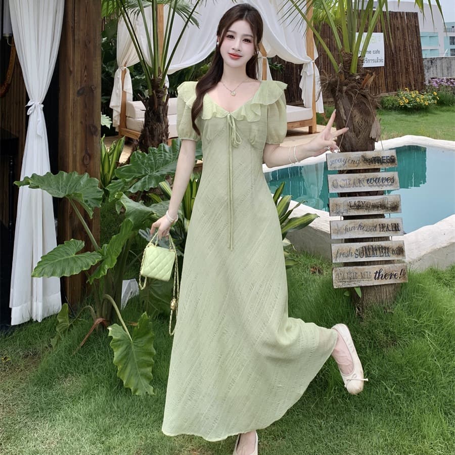 빅 사이즈 여름 새로운 부드러운 프릴 V넥 거품 소매 드레스 레이스업 허리 수축 질감 센스 롱 스커트 이미지 5