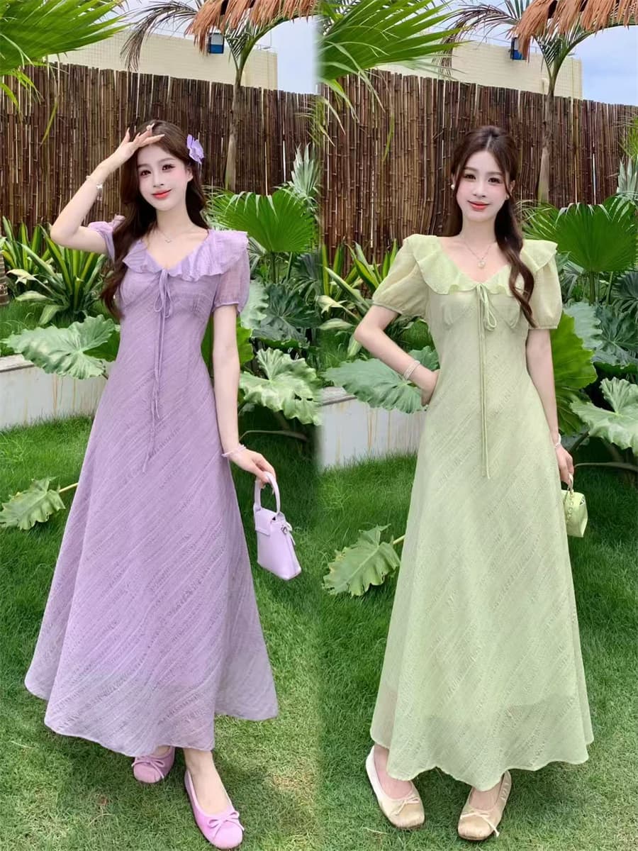 빅 사이즈 여름 새로운 부드러운 프릴 V넥 거품 소매 드레스 레이스업 허리 수축 질감 센스 롱 스커트 상세 이미지 1